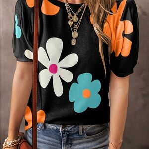 Vibrant Floral Black Top with Orange and Blue Flowers